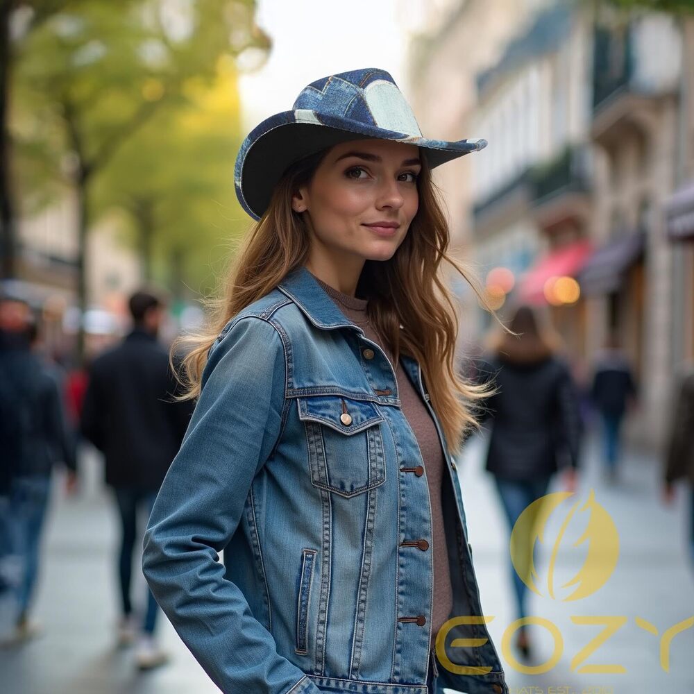 6547 Tie Dye Denim Patchwork Cowboy Hat For Women Men Western Wide Brim - Picture 2 of 7